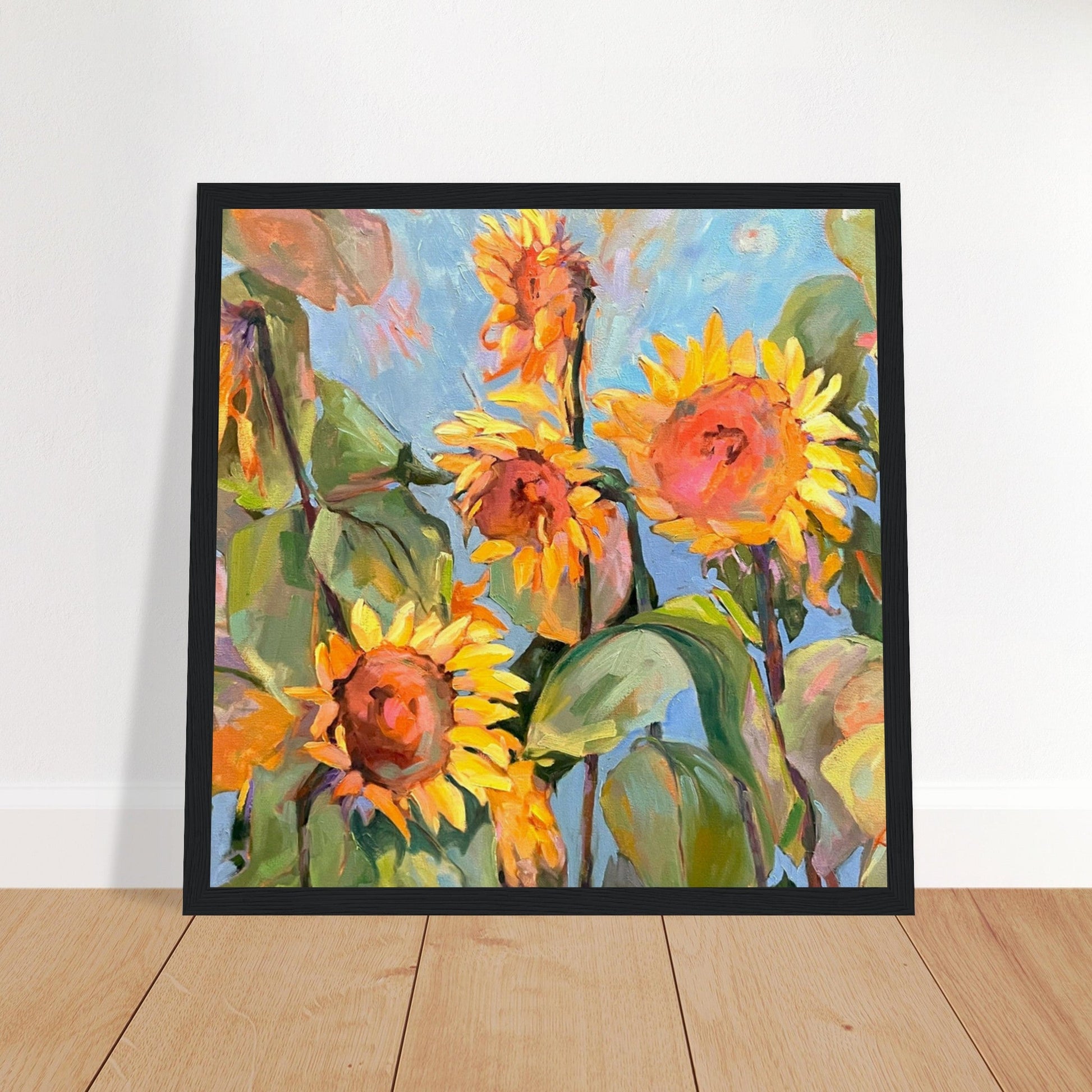 'Sunflowers’ Floral Oil Painting | 12x12 Wooden Framed Art Print | Original Artwork by American Artist Barbara Cleary-0