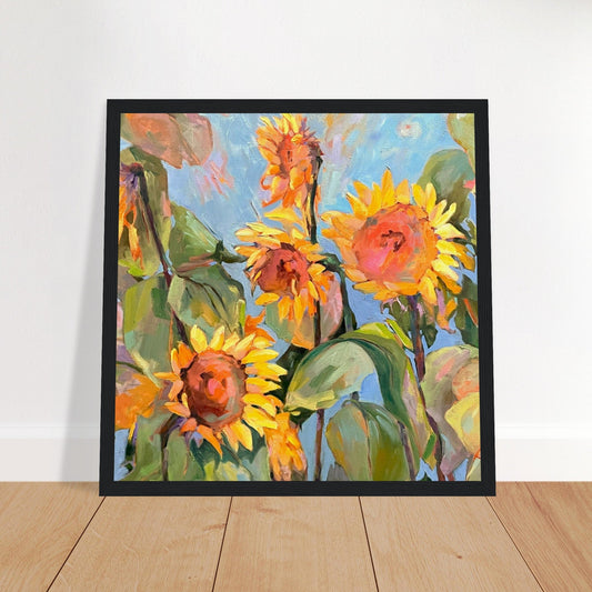 'Sunflowers’ Floral Oil Painting | 12x12 Wooden Framed Art Print | Original Artwork by American Artist Barbara Cleary-0
